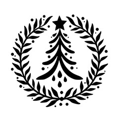 Minimalist Christmas Tree and Wreath Icon, Black and White Design
