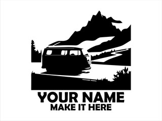 Vintage camper van driving along a winding mountain road amidst a scenic landscape with layered mountain silhouettes. Travel concept and camper van logo vector design