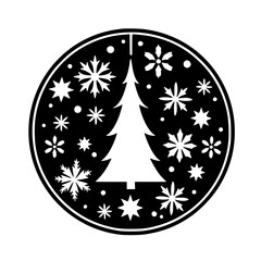 Winter Christmas Circle Ornament Silhouette, Black and White Design