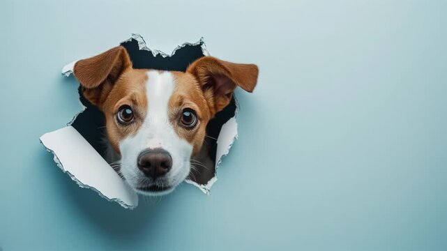 Perro peque&ntilde;o sacando la cabeza por un agujero roto en la pared, fondo plano. 