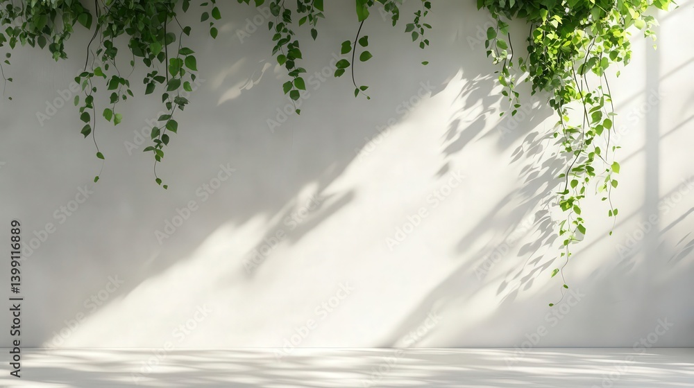 Poster 3d rendering of a white concrete wall adorned with green leaves, sunlight casting shadows. ideal for
