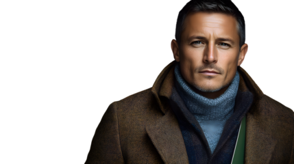 Stylish man portrait mature male model serious expression brown coat turtleneck sweater wi