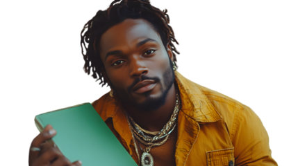 Stylish man with teal tablet fashionable portrait