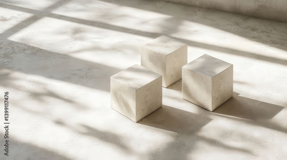 Poster abstract white background featuring three differently sized cubes casting shadows, ideal for cosmeti
