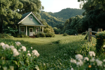 Obraz premium Serene Countryside Cottage with Green Roof Surrounded by Lush Fields and Trees