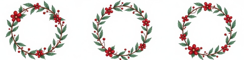 Naklejka premium Simple winter wreath on white background with doodle-style ornaments and holly, decoration, isolated