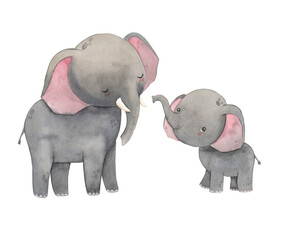 Watercolor mother and baby elephant illustration for kids