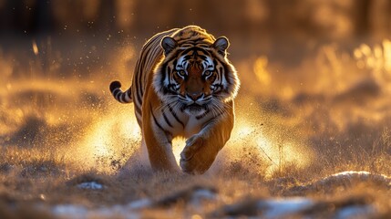 Majestic Siberian Tiger Running at Sunset