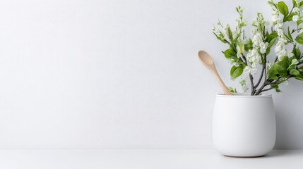 Simple white aesthetic.  Potted spring blossoms