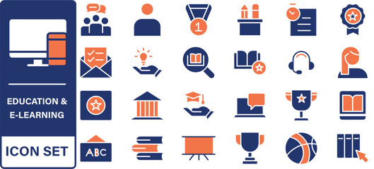 E-learning glyph solid icons collection. Containing content education, learn, tutorial, training.