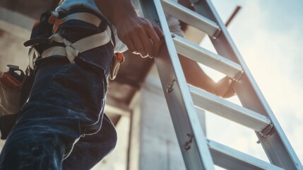 A construction site worker adjusting a ladder for safe climbing. Featuring ladder setup and safety precautions