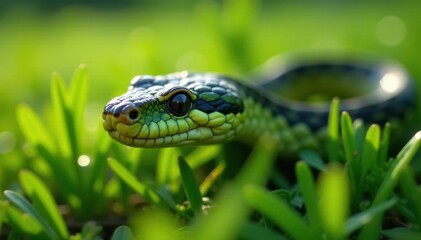 Obraz premium Snaking through the grass, a glimpse of scales , wildlife, reptile
