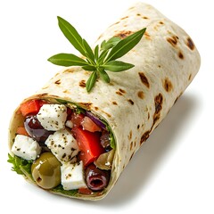 A delicious Greek salad wrap is perfectly rolled in a warm tortilla with feta cheese olives and fresh vegetables.