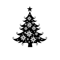 Festive Black and White Christmas Tree Silhouette with Floral Embellishments