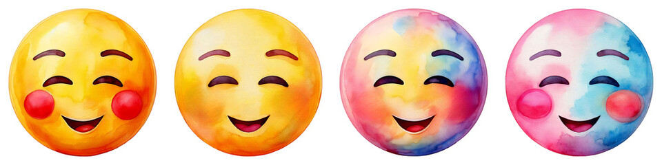 Fototapeta premium set of shy face emoji icons, blushing expressions, soft pastel watercolor handmade style, transparent cutout PNG, emoticons creative digital design stickers, social media