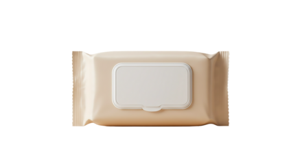 A close up of a beige package of disposable wet wipes with a white label on a black background