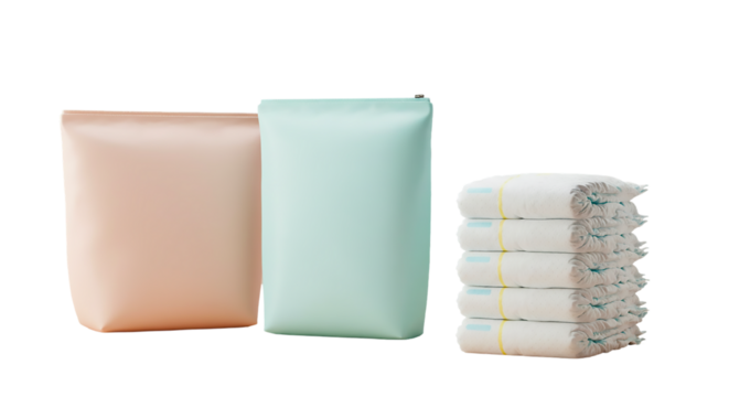 Two sealed packages and a stack of wrapped towels on a plain background in a studio shot image