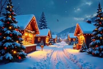 Snow-covered village with Christmas market stalls and twinkling lights, twinkling lights, xmas stalls