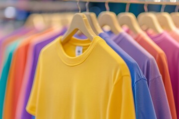 Fototapeta premium Colorful T-shirts on hangers in a clothing store