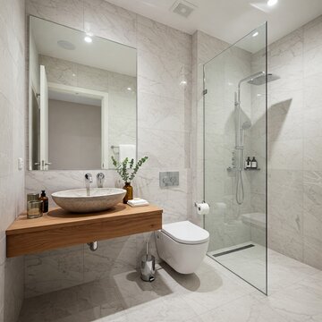 Modern, bright bathroom with marble tiles, wood vanity, vessel sink, frameless shower, and minimalist design. Clean and luxurious.