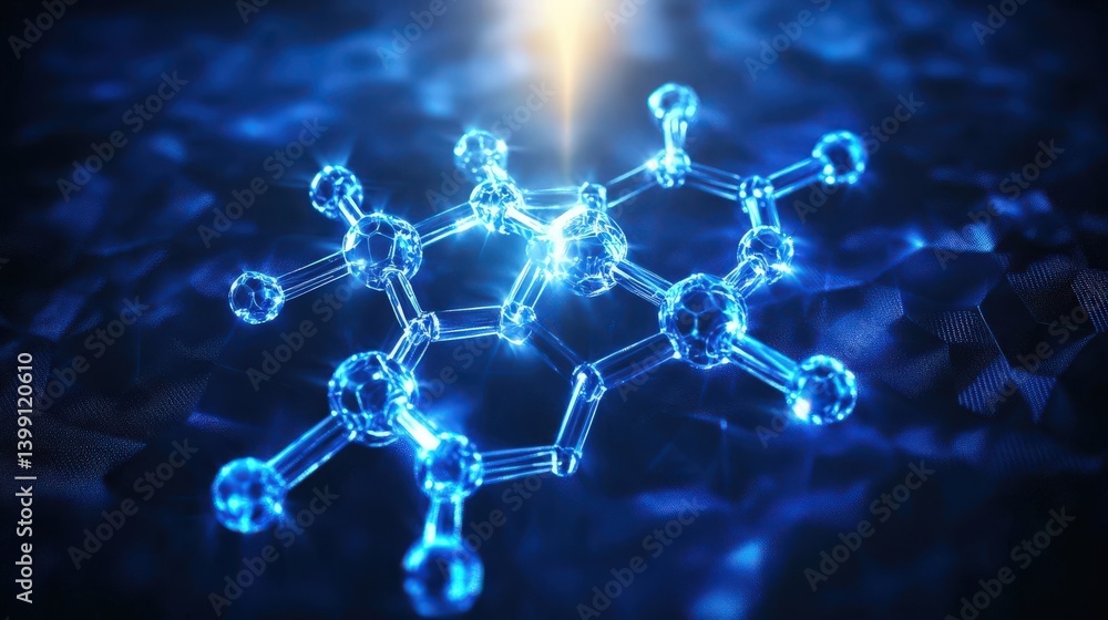 Poster abstract blue background featuring a hexagonal network and glowing dots, symbolizing technology, sci