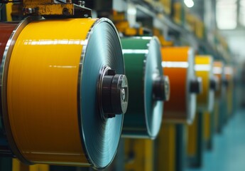 Colorful rolls of coated material on industrial machinery.  Close-up view of multiple rotating cylinders with vibrant coatings in a production line