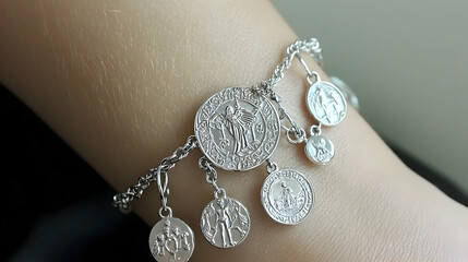 Silver charm bracelet with religious medallions on a wrist; close-up shot, jewelry fashion