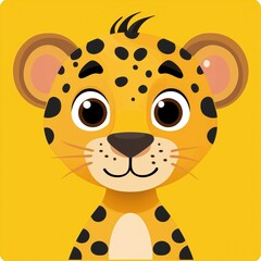 Cartoon illustration of a leopard's face with large expressive eyes and black spots