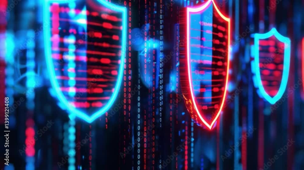 Poster glowing shields of cybersecurity digital protection journey through binary technology and data secur