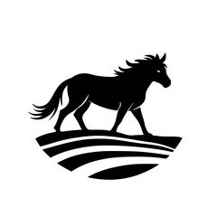 Majestic Horse Silhouette on Grassy Hill, Black and White Vector