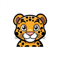 Cartoon illustration of a smiling leopard with large expressive eyes and black spots