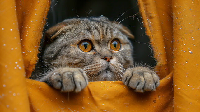 Curious cat peeking through wet orange fabric
