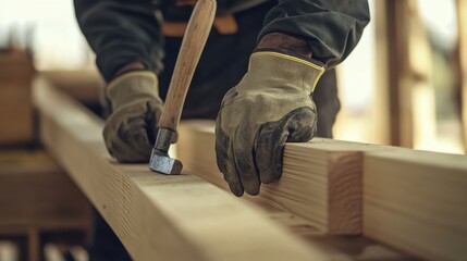 A construction site worker adjusting the position of a wooden beam. Featuring skill and teamwork