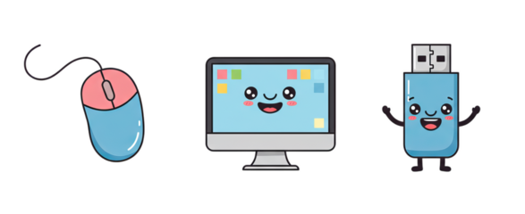 Cartoon Computer Set with Smiling Monitor, Mouse and Storage