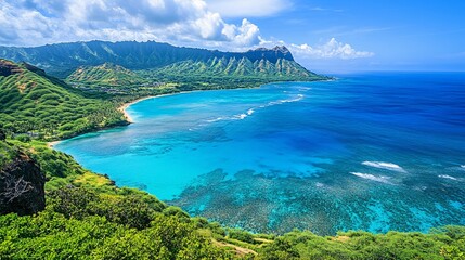 Scenic view of a tropical bay with mountains and lush green vegetation.
