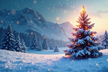 Naklejka premium Snowy winter landscape with Christmas tree, icy , snowflakes