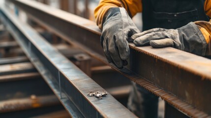 A construction site worker aligning steel beams for building a structure. Featuring teamwork and precision