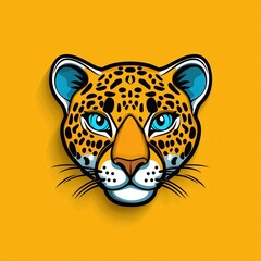 Illustration of a jaguar's face with blue eyes and brown spotted fur on a yellow background