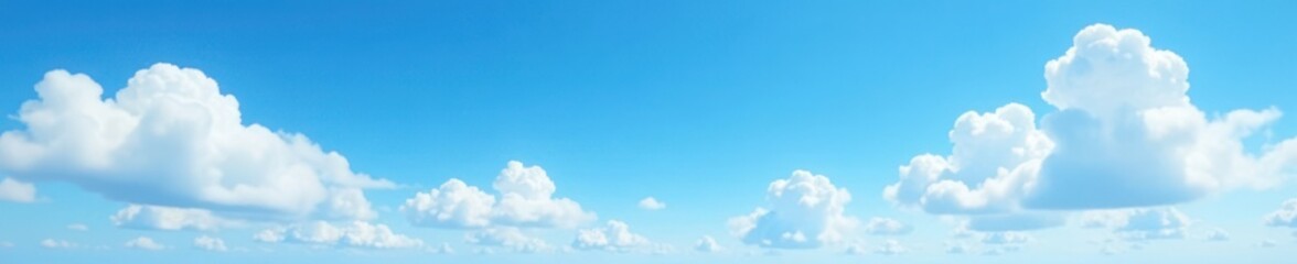Serene blue sky with puffy white clouds drifting lazily across the horizon, peaceful, cloudy