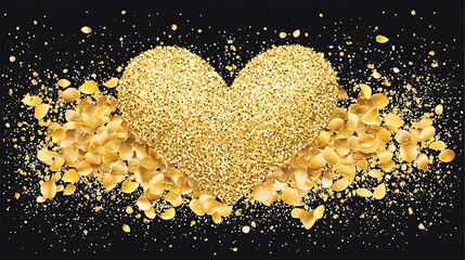 Shimmering Gold Heart Shape on a Black Background with Glittering Particles and Petals