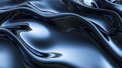 Abstract blue and black background featuring wavy lines and shiny liquid metal waves, ideal for presentations or posters. 3D rendering illustration of a metallic wallpaper design.