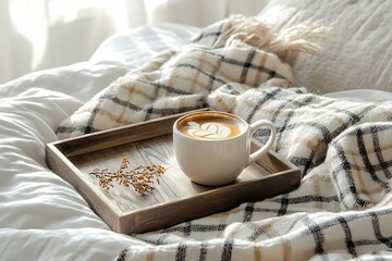 Hygge lifestyle concept, morning coffee in bed with blanket and tray