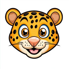 Cartoon illustration of a leopard's face with black spots and blue eyes