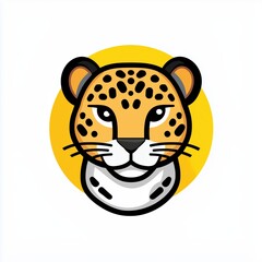 Cartoon illustration of a leopard's face with black spots and a yellow background