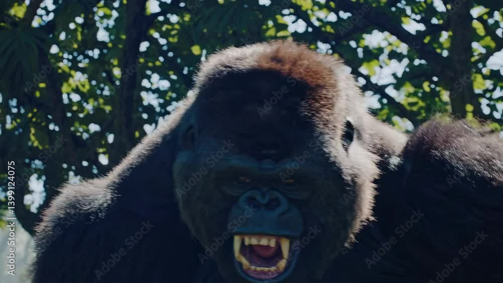 Poster a low-angle shot of a gorilla in a dense jungle, emphasizing its size and power. the video captures 