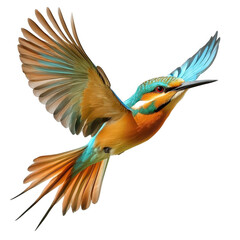 Fototapeta premium A vibrant kingfisher bird in flight, showcasing its stunning blue and orange feathers.