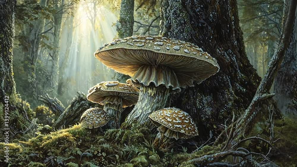 Poster sunlit forest scene with large mushrooms at tree base