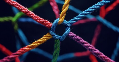 Handmade thread work, shaped cords in a group connected by knots. Cords connected to each other. Concepts: knots, tying, decorative, macramé