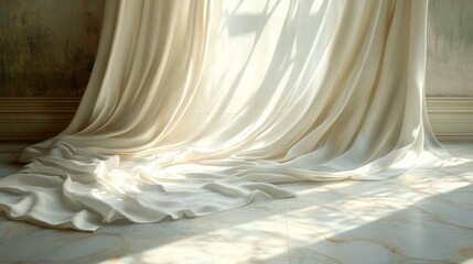 Cream Curtains Draped Open, Sunlight, Grungy Room