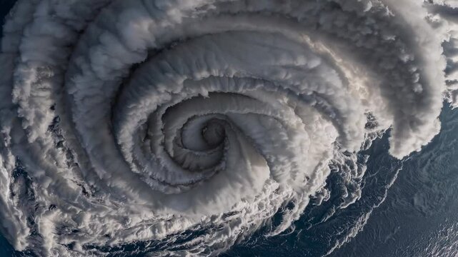 Aerial view of a swirling cyclone over the ocean, showcasing dramatic cloud formations. The video captures the dynamic, powerful force of nature.